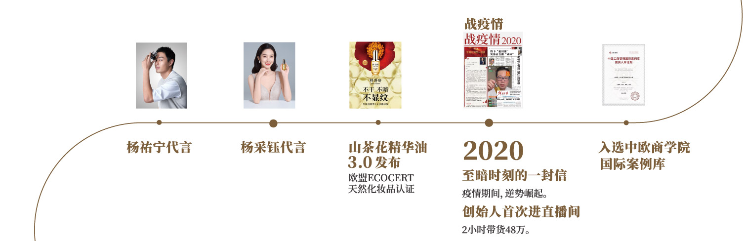 杨祐宁代言，杨采钰代言，山茶花精华油3.0发布获欧盟ECOCERT认证，2020年战疫情创始人首次进直播间带货48万，入选欧商学院国际案例库